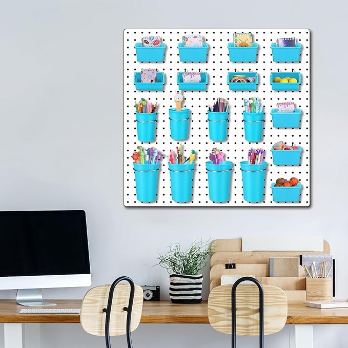 64 Pieces Pegboard Bins Pegboard Cups with Hooks and Loops Peg Hooks Assortment Organizer Accessory for Organizing Accessories Tools Storage Office Workshop Garage Workbench (Blue)