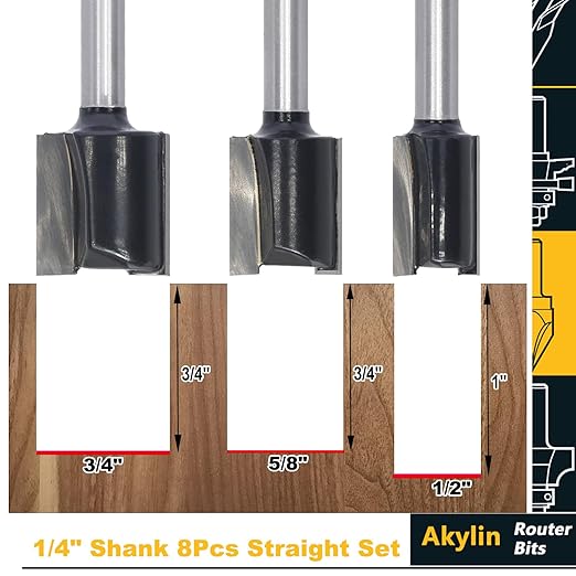 8Pcs Straight Router Bit 1/4 Shank,Cutting Diameter 1/16"-1/8"-3/16"-1/4"-3/8"-1/2"-5/8"-3/4",CNC Carbide Straight Router Bits for Woodworking Routing, Plunging, Dadoing (Wooden Case Package)