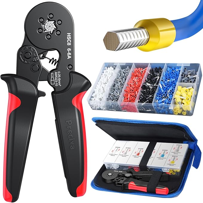 Preciva Ferrule Crimping Tool Kit with 1900PCS Wire Connectors, Hexagonal AWG23-10 Sawtooth Self-Adjustable Ratchet Wire Terminals Crimper Kit
