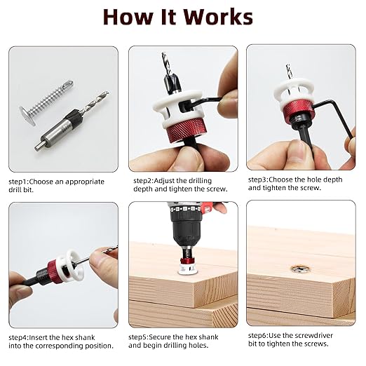 Countersink Drill Bit Set, Upgraded Larger Depth Stop, 5 PCS Replaceable HSS M2 Tapered Head, a Screwdriver Bit and a Wrench, 1/4" Hex Shank Counter Sink Drill Bit for Wood