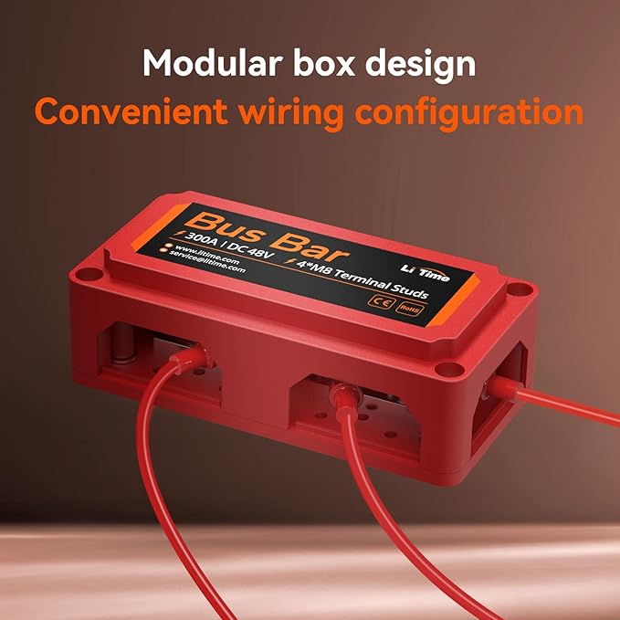 Litime 300A Bus Bar 4*M8 Terminal Posts for LiFePO4 Batteries High Voltage and Current Suitable for Automotive, Marine, and Solar Applications and Electrical System (Red+Black)