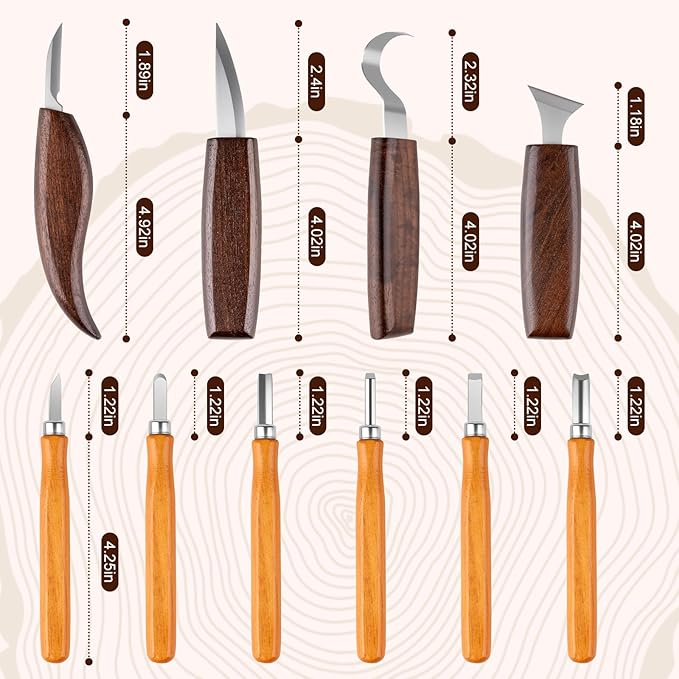 Wood Carving Tools Kit for Beginners, 4 Knives, 6 Chisels, Leather Strop, Wax, Sandpaper, Basswood & Safety Gloves - Complete Starter Set with Storage Bag, Whittling Tool Kit for DIY Woodworking