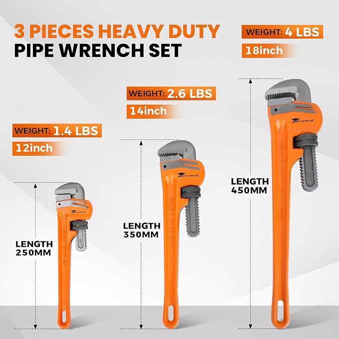 Forward 3pcs Pipe Wrench Set - 10", 14", 18" Heavy Duty Ductile Iron & Forged Steel Plumbing Wrench Hand Tools Kit