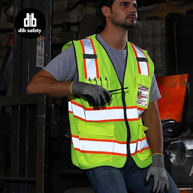 Dib Safety Reflective Vest High Visibility Two Tone with Pockets and Zipper, ANSI Class 2 Compliant, Yellow with Orange Trim XL