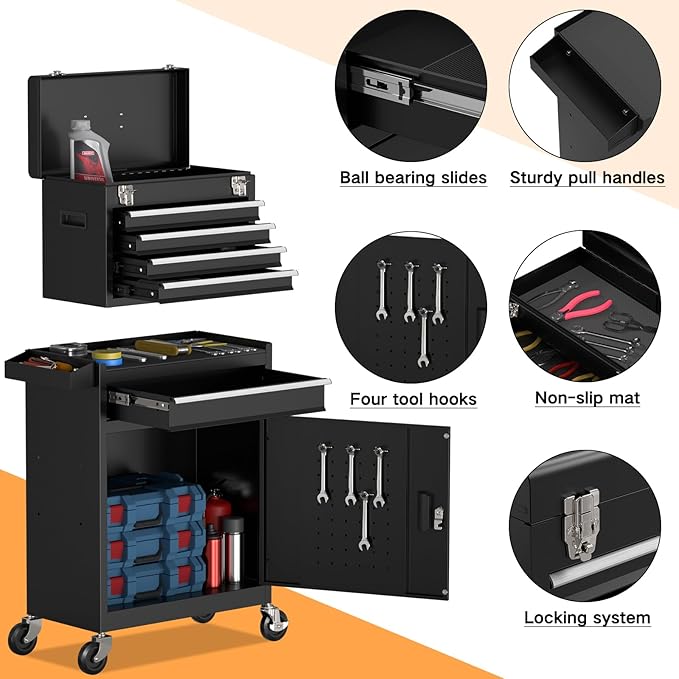 5-Drawer Rolling Tool Chest,Garage Storage Tool Box with Wheels,Lockable and Detachable Tool Cabinet,Heavy Duty Metal Tool Cart with Wheels for Garage,Warehouse,Workshop (Black)