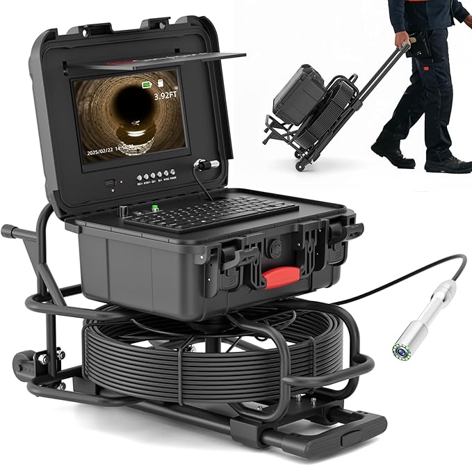 Sanyipace Sewer Camera 165FT/50M with Wheels and Retractable Handle, Self-Leveling, Support 512Hz Locator, Meter Counter, Video Audio Record, Speaker, Keyboard Input, 5x Zoom, 10" HD Screen, 7mm Cable