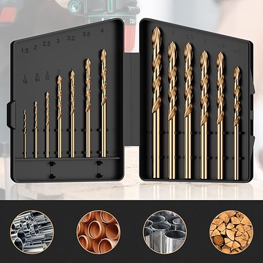 Cobalt Drill Bit Set, 13Pcs M35 High Speed Steel Jobber Length Drill Bit Kit for Hardened Metal, Stainless Steel, Cast Iron, Wood and Plastic, with Index Storage Case, 1/16"-1/4"