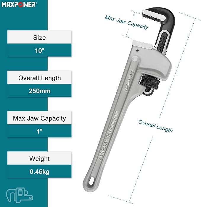 MAXPOWER Pipe Wrench 10-Inch, 40% Lighter Aluminum Adjustable Plumbing Wrench