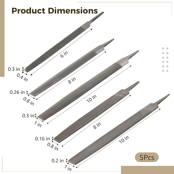 5 PCS Metal Files Set, Steel Hand File Kit, Triangular Flat Half-Round Files, T12 High Carbon Steel File for Woodworking, Metalworking, Jewelry, Plastic, DIY, Repair