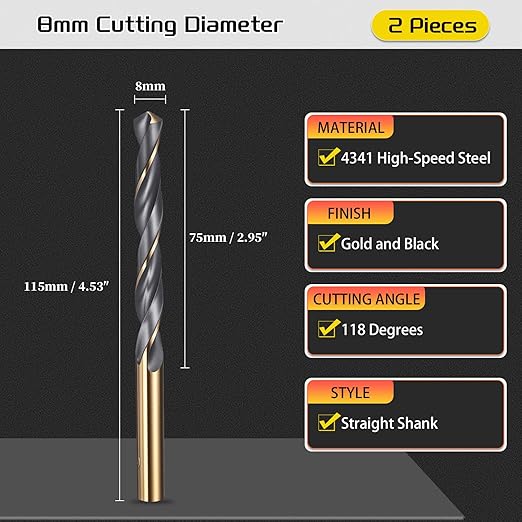 Drill Bit, 8mm Cutting Diameter, 4341 HSS Gold and Black 118° Cutting Angle Number Jobber Bits - (Applications: for Drilling Soft Metal Plastic Wood), 2-Pieces