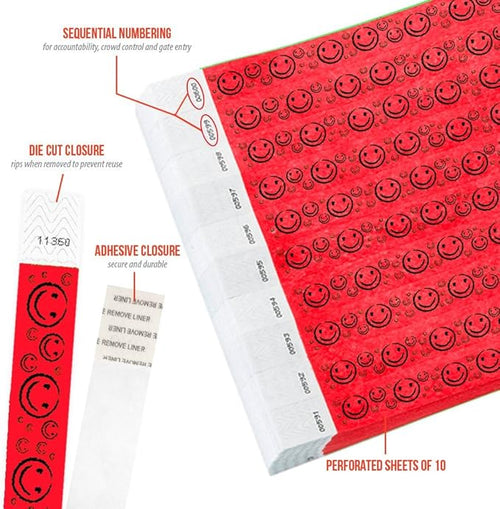 200 WristCo Neon Red Smiley Face Tyvek Wristbands for Events - ¾” x 10” - Waterproof Recyclable Comfortable Tear Resistant Paper Bracelets Wrist Bands for Concerts Festivals Admission Party