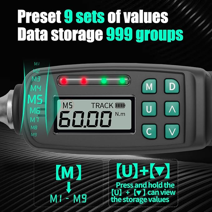 Precision 3/8" Digital Torque Wrench with ±2% Accuracy for Spark Plug, Carbon Bike & Motorcycle (2.2-44 ft-lb / 3-60 Nm) - Over-Torque Alert with Buzzer/LED & Storage Case