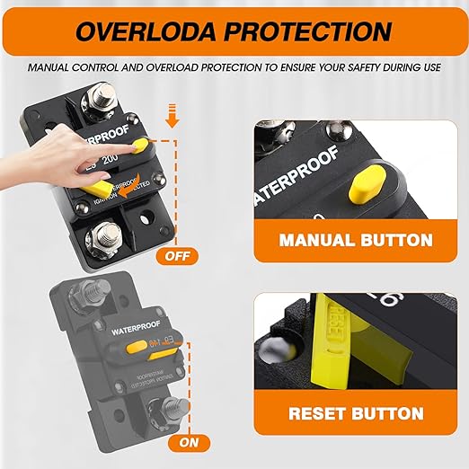 E93 Circuit Breaker Waterproof IP67 25A-300A Extended Surface Mount with 3/8" Diagonal Studs Hi-Amp Marine RV Truck Protector (250A)