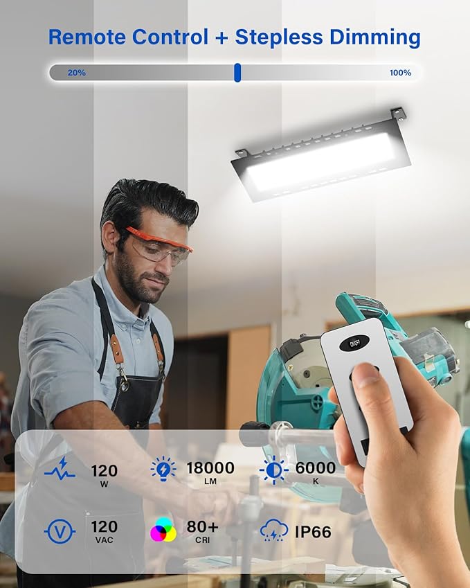 120W LED Shop Lights with Remote, 5FT Power Cord and US Three-Prong Plug, 18000LM 6000K, Aluminum Garage Lighting, IP65 Waterproof, Plug & Play for Warehouse, Workshop, Basement, 2PCS