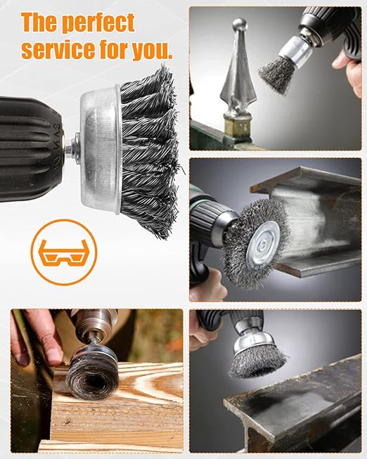 5 Pcs Drill Wire Brush Set, Heavy Duty Wire Brush Wheel for Drill, 1/4'' Hex Shank Wire Brush Drill Attachments Coarse Carbon Steel Crimped, Great for Cleaning Rust, Paint, Abrasive