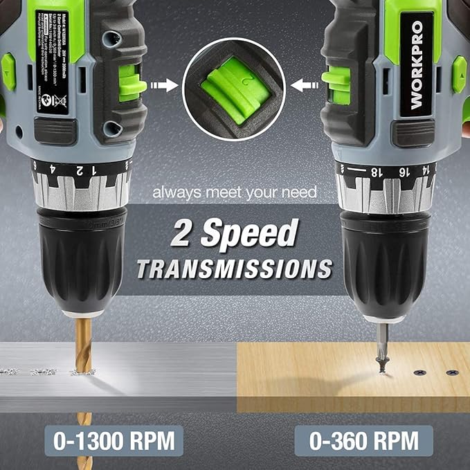 WORKPRO 20V Cordless Drill/Driver Kit, 3/8”, 18+2 Torque Setting, Variable Speed, 2.0 Ah Li-ion Battery and 1 Hour Fast Charger