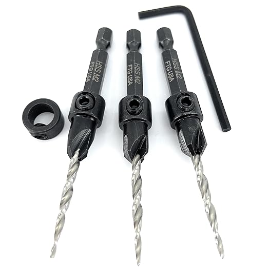 FTG USA Countersink Drill Bit Set for Wood with Tapered Drill Bit 3 Pc #6 (9/64")