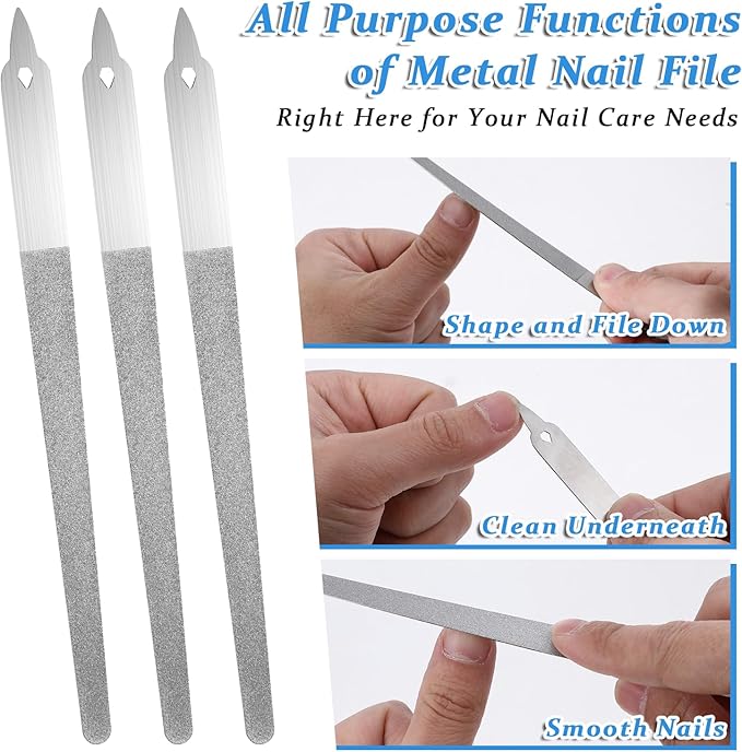 6Pcs Diamond Metal Nail Files, Double Sided Nails File, Thin Stainless Steel Manicure Pedicure Tools with Sharp Pointed Tip Individually Wrap for Women Men Salon Home(6Inch)