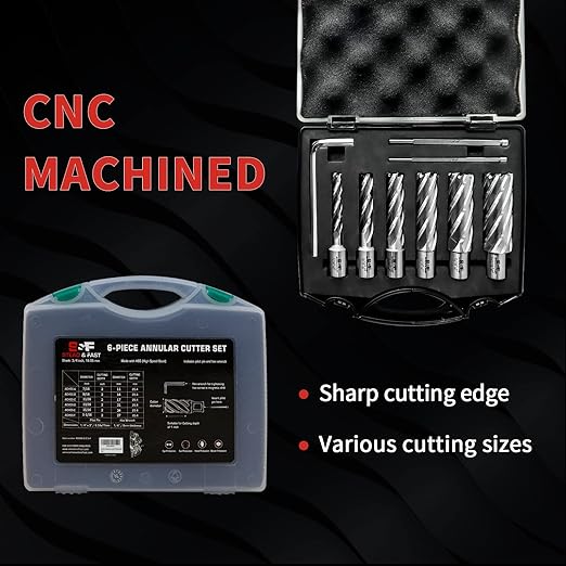 S&F STEAD & FAST Annular Cutter Set 6 Pcs, Depth of Cut 2”, Cutting Diameter 7/16 to 1-1/16 Inch, Weldon Shank 3/4”, HSS Mag Drill Bits Kit for Magnetic Drill Press with Pilot Pin x 2