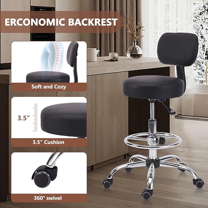 Drafting Stool Chair with Back, Adjustable Foot Rest Backrest Swivel Rolling Stool, Multi-Purpose Office Desk Chair, Thickened Seat for Home Bar Spa Kitchen Shop 2pack