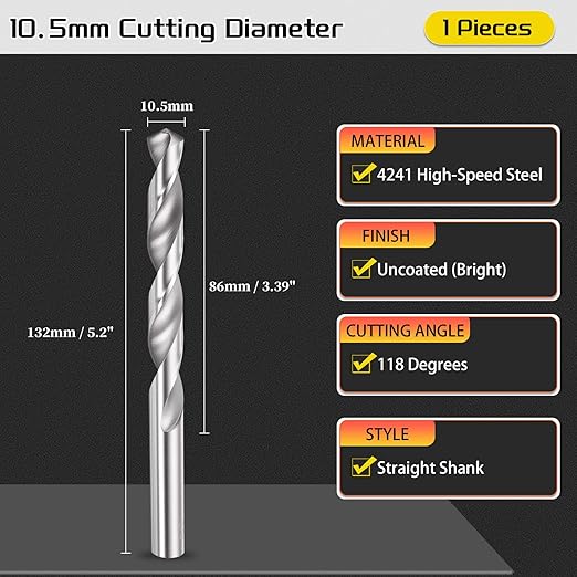 Drill Bit, 10.5mm Cutting Diameter, 4241 HSS 118° Cutting Angle Uncoated Bright Versatile Jobber Bits - (Applications: for Drilling Plastic Wood Soft Metal), 1-Pieces