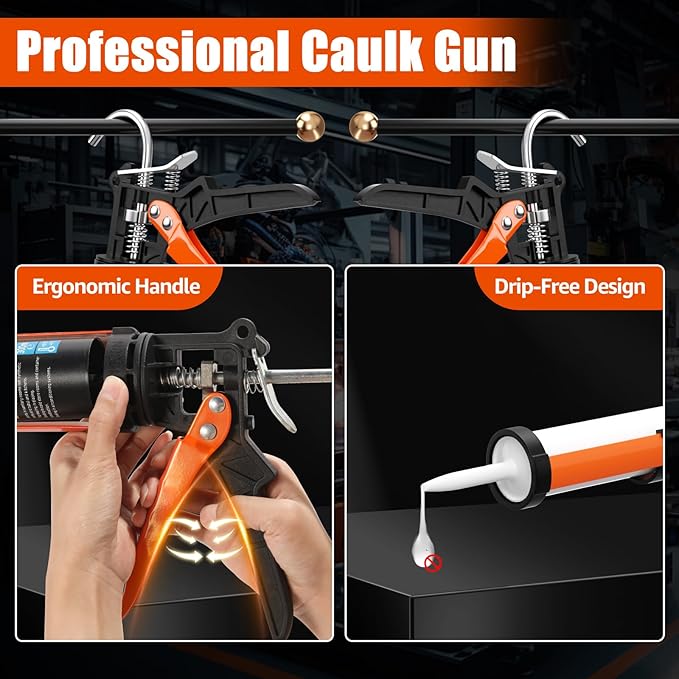 Holothurian Caulking Gun, No-Drip Hand Caulk gun, Silicone Gun with Comfort Grip, 1/10 Gallon Cartridge, 12:1 Thrust Ratio, and Two Nozzles and Scraper