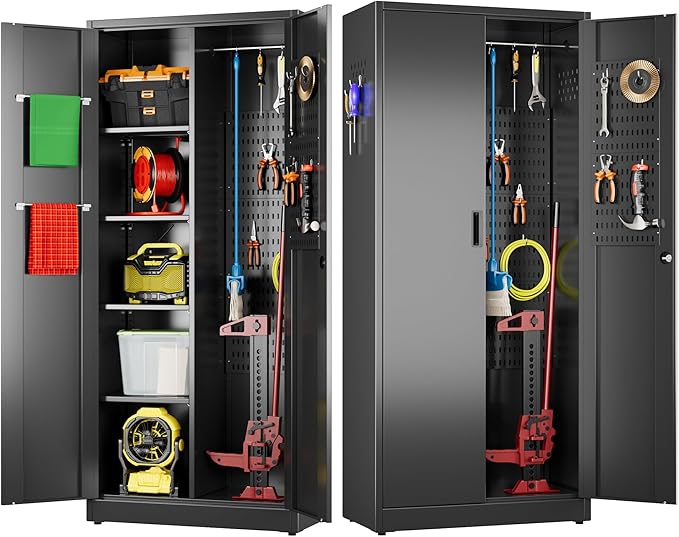 Aobabo Metal Cleaning Tool Storage Cabinet with Lockable Door, 13 Hooks and Towel Racks, Broom Closet Storage Cabinet for Janitorial Supplies, 71.37" H×33.93" W×16.92" D, Assembly Required, Black