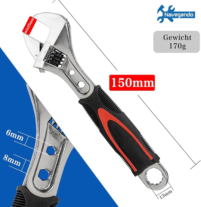 Navegando 6-Inch Adjustable Wrench, Small Compact Spanner for Tight Spaces, High Carbon Steel with Non-Slip Grip, Fits 6-22mm Nuts/Bolts, Perfect for Plumbing & Automotive Repair