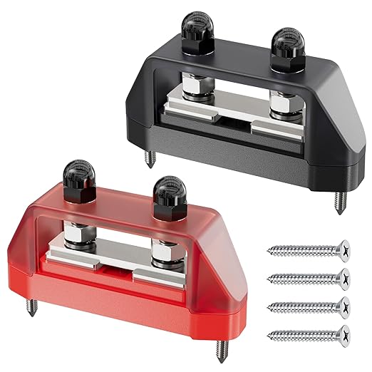 2PCS 5/16" M8 Dual Stud Bus Bar 12-48V 150A-250A Power Distribution Block – Heavy Duty Battery Terminal for Boat, Automotive, RV, Solar Systems with Protection Covers & Screws