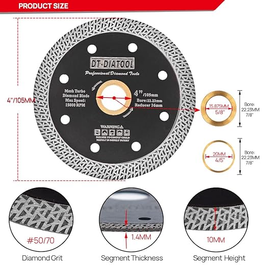 DT-DIATOOL Diamond Granite Blade 4 Inch for Marble Porcelain Tile Ceramic Diamond Cutting Disc with Mesh Turbo Diamond Segments Pack of 2