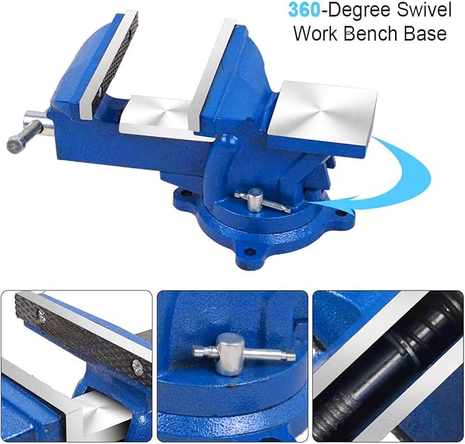 6" Heavy Duty Bench Vise, Pipe Vise Bench Vices with Anvil Swivel Table Top Clamp Locking Base, Double Swivel Rotating Vise Head& Body Rotates 360°-Blue