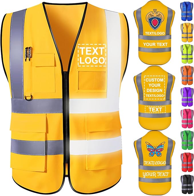 Custom Safety Vest with Logo for Men Women Personalized Class 2 High Visibility Reflective Vests with Pockets Zipper(S-5XL)