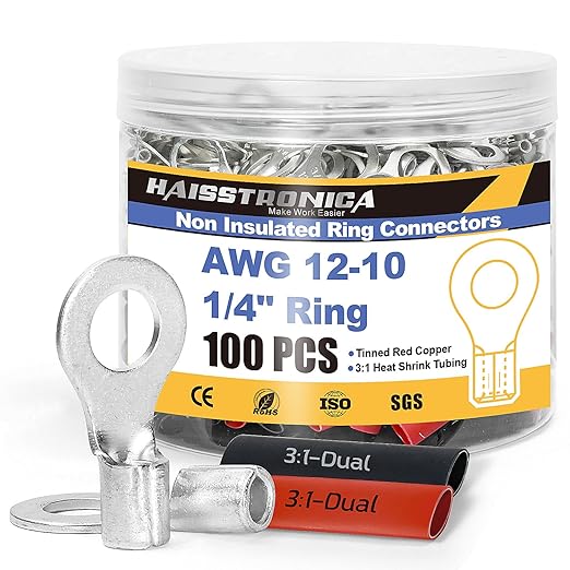 haisstronica Non Insulated Wire Connectors Kit，50pcs 1/4” Ring Terminals (AWG12-10) with 50pcs 3:1 Heat Shrink Tubing for Automotive Marine，Brazed Seam Wire Crimp terminals