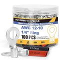 haisstronica Non Insulated Wire Connectors Kit，50pcs 1/4” Ring Terminals (AWG12-10) with 50pcs 3:1 Heat Shrink Tubing for Automotive Marine，Brazed Seam Wire Crimp terminals