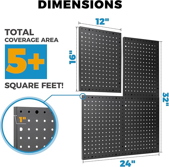 Heavy Duty 4-Panel Pegboard Wall Organizer & 32 Peg Hooks - Four Black Metal Peg Board Panels for Shops or Warehouse - Garage Tool & Walls Organizer - Modular Complete Kit With Installation Hardware