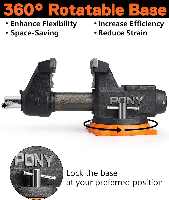 PONY 4 Inch Heavy Duty Bench Vise 4400LBS Clamping Force, Pro Workshop Workbench Vise with 360-Degree Rotatable Base and Anvil, 4-Inch Jaw Opening and Width for Woodworking, Drilling, Pipe Cutting