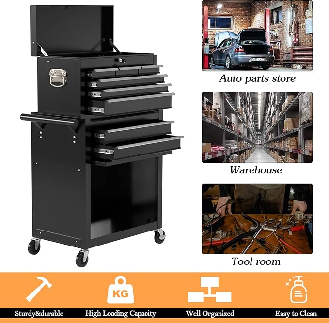 8-Drawer High Capacity Rolling Tool Chest, Removable Cabinet Storage Tool Box with Wheels and Drawers, Detachable Toolbox with Lock for Workshop Mechanics Garage (Black)