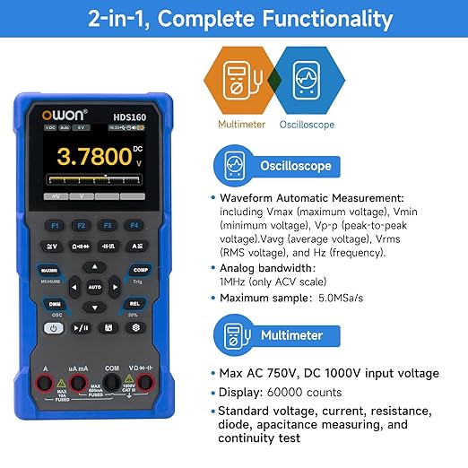 OWON Handheld Oscilloscope, Digital Multi Functional Oscilloscope Multimeters,60000 Counts Portable 2 in 1 Universal Test Instrument, with 2.8 inch IPS Screen Display 1CH 1Mhz Bandwidth HDS160
