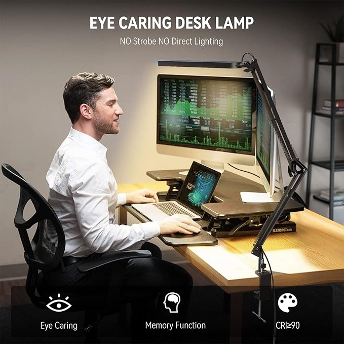 SKYLEO Led Desk Lamp - Desk Light for 31.5" Tall - 5 Color Modes X 11 Brightness Levels - Adjustable Swing Arm - Timmer & Memory Function - 12W Lamp for Desk - Black