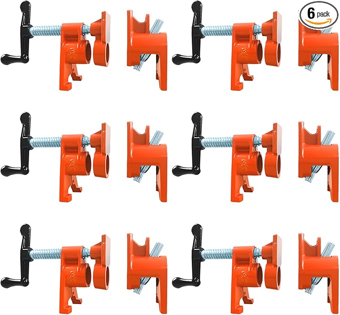 Pipe Clamps 3/4 inch 6 Pack Pipe Clamp with Unique Foot Ideal for Carpentry, Home Improvement, and DIY Projects Wood Gluing Clamps (Orange, 3/4 IN)