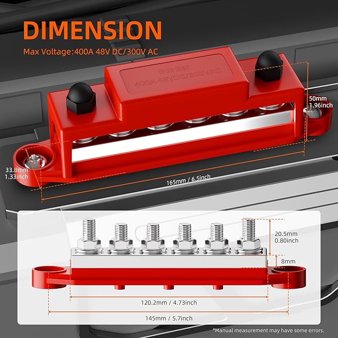 Joinfworld Bus Bar 400A 12V Power Distribution Block 6 x 5/16"(M8) Studs 48V Marine Bus Bar 12 Volt Battery Busbar Copper Terminal Block for Automotive, Car, Boat, Solar Wiring - Negative&Positive