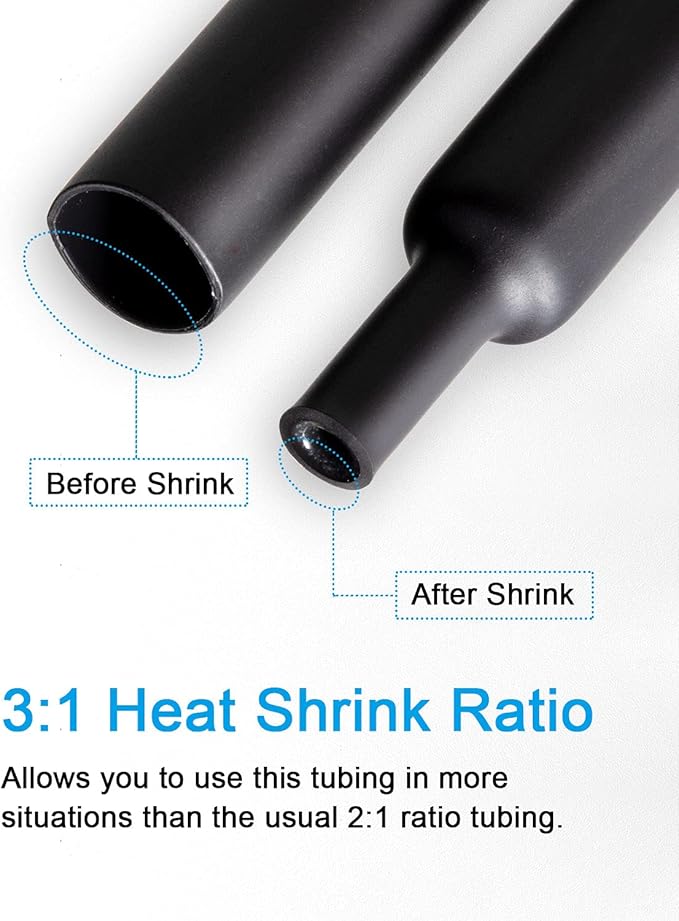 MILAPEAK 36pcs 3:1 Dual Wall Adhesive Heat Shrink Tubing, 6 Large Sizes (Diameter): 1.5, 1.25, 1, 3/4, 1/2,1/4-inch, Marine Glue Lined Cable Sleeve, Electrical Wire Wrap Protector for DIY (Black)
