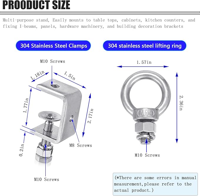 4-Pack Small C Clamps – 304 Stainless Steel Beam Clamps with M10 Screw Ring | Adjustable, Rust-Resistant I Beam Clamps for Ring Beams, Welding, Woodworking, Plants & Desk Use. Wide Jaw Openings (45MM)