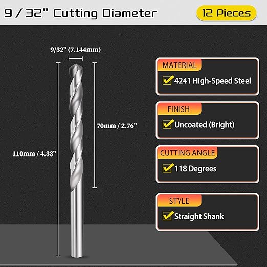 Drill Bit, 9/32" Cutting Diameter, 4241 HSS 118° Cutting Angle Uncoated Bright Versatile Jobber Bits - (Applications: for Drilling Plastic Wood Soft Metal), 12-Pieces