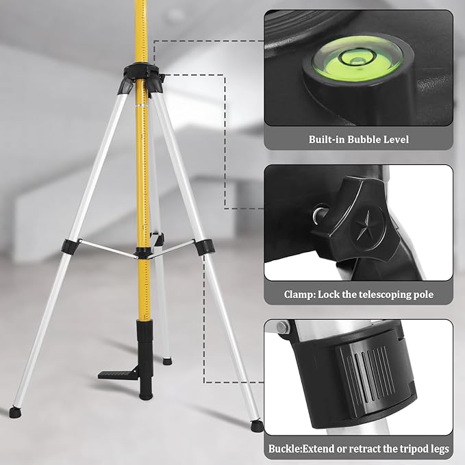 Telescoping Laser Level Pole with Tripod, 12Ft./3.7M Laser Level Tripod Include 1/4-Inch by 20-Inch Mount for Rotary and Line Laser Level, Laser Stand with 5/8”-11 Threaded Adapter