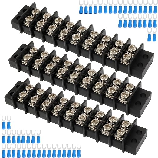 9 Circuits 9 Positions Terminal Block 20-30A 200-450V Dual Row Screw Terminals Strip with 54 PCS Heat Shrink Wire Fork Connectors(Pack of 3pcs)