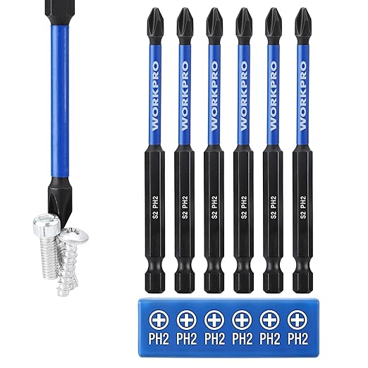WORKPRO 6pcs PH2 Impact Phillips Screwdriver Bit Set, S2 Professional CNC Anti-Slip Magnetism Bits, 1/4" Hex-Shank #2 Phillips Impact Driver Bits, 4" Long Impact Screwdriving Bits with Holder
