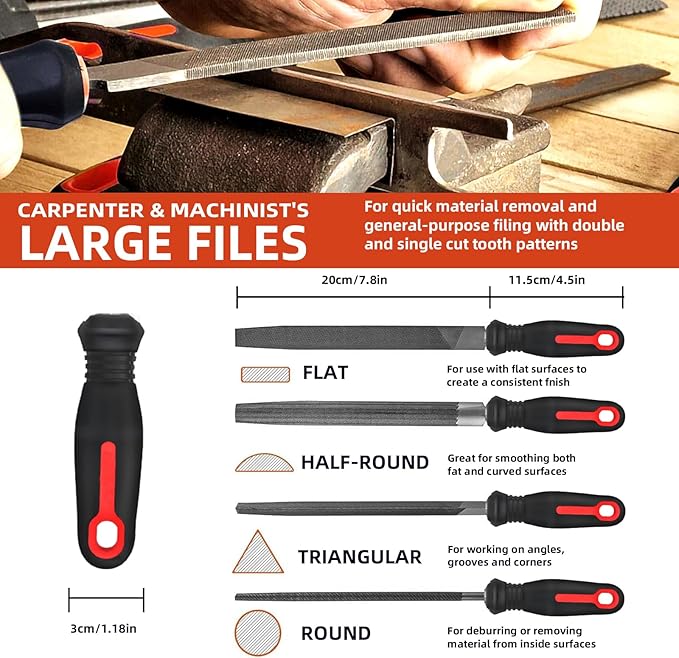 Greywolf 35 piece file set, metal files, premium T12 carbon steel flat, half-round, round, and triangular tips, plus 14 fine sanding tools and 16 sheets of sandpaper for metalworking and woodworking
