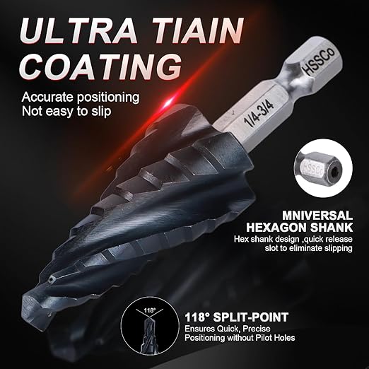 Step Drill Bits M35 Four Spirl Flute Cobalt Step Drill Bits Set 1/8"-7/8"(3pcs) Wear-Resistant TiAlN Coated,1/4" Hex Shank Drill for Metal, Stainless Steel, Aluminum, Plastic