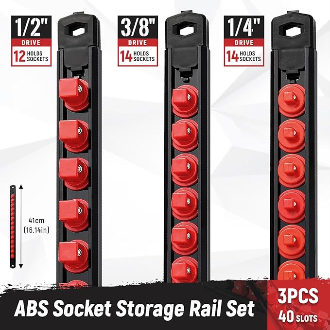 Magnetic Socket Organizer, 3-Piece Heavty Duty ABS Socket Holder, Socket Rail for Tool Box, Premium Quality 360° Swivel Socket Rack with 40 Clips for 1/2, 3/8, 1/4-Inch(Red)